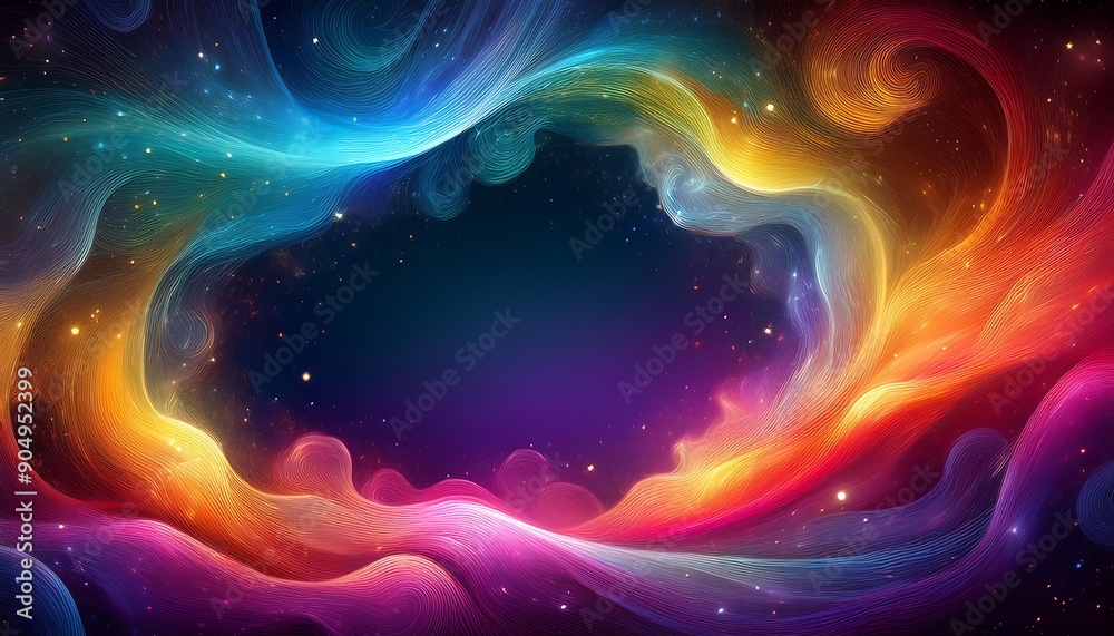 frame where a veil of colorful, swirling nebulae wraps around a central frame where a veil of colorful, swirling nebulae wraps around a central