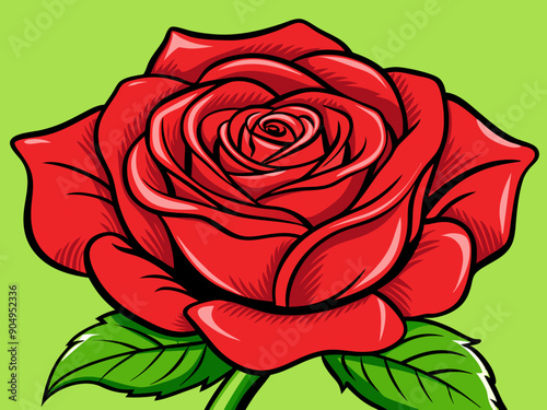 Wallpaper Mural cartoon vector illustration of red flower rose with leaves on green isolated background, simple flat Torontodigital.ca