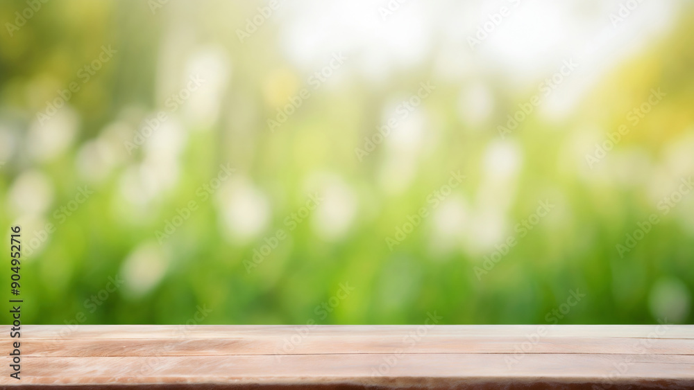 Empty wooden table top with abstract green bokeh background, ready for product display montage Empty wooden table top with abstract green bokeh background, ready for product display montage