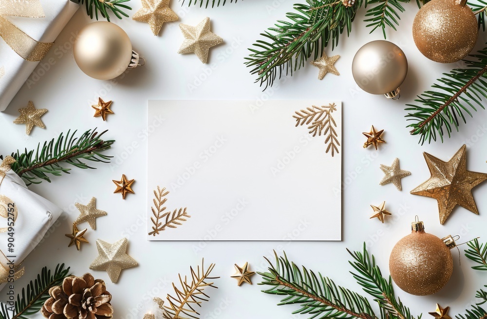 Christmas card mockup surrounded by festive pine branches, ornaments, and golden decorations Christmas card mockup surrounded by festive pine branches, ornaments, and golden decorations