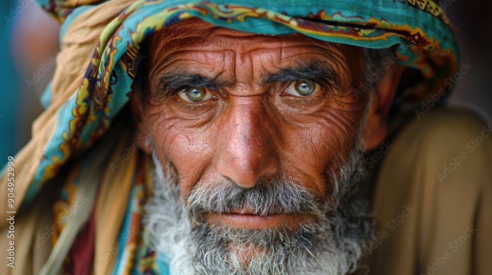 Close-up portrait of an elderly man with deep wrinkles, intense green eyes, and a grey beard, wearing a colorful turban. Ideal for themes of wisdom, experience, and cultural diversity. Close-up portrait of an elderly man with deep wrinkles, intense green eyes, and a grey beard, wearing a colorful turban. Ideal for themes of wisdom, experience, and cultural diversity.