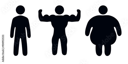Black icons of body types: fat, toned , muscular, natural body, body changes icon