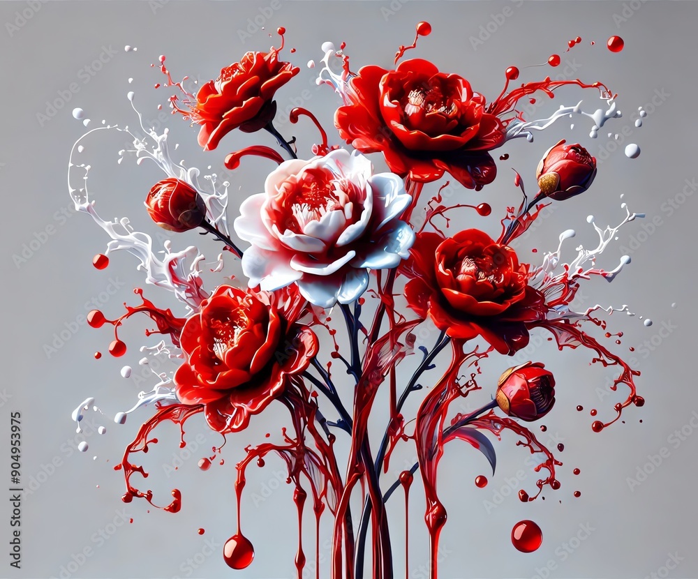 An image of camellia flower composed of red and white liquid splashes An image of camellia flower composed of red and white liquid splashes