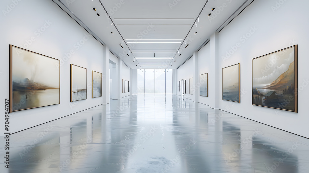 An art gallery with beautiful paintings displayed on minimalist white walls.