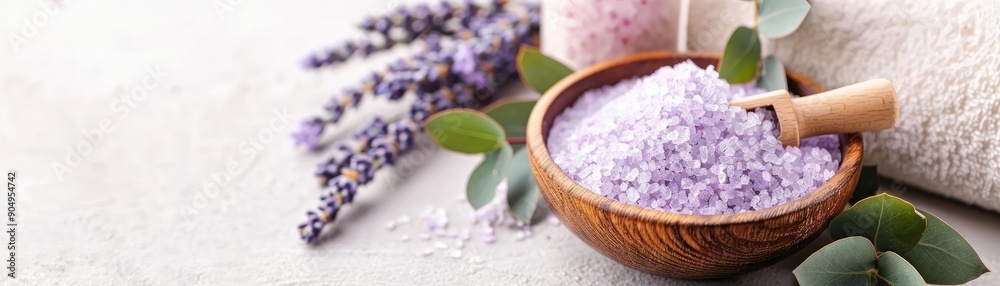 Lavender and eucalyptus herbs in a serene spa, exuding calming scents Lavender and eucalyptus herbs in a serene spa, exuding calming scents