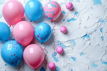 Pink and blue balloons on a white background, creating a festive and colorful atmosphere