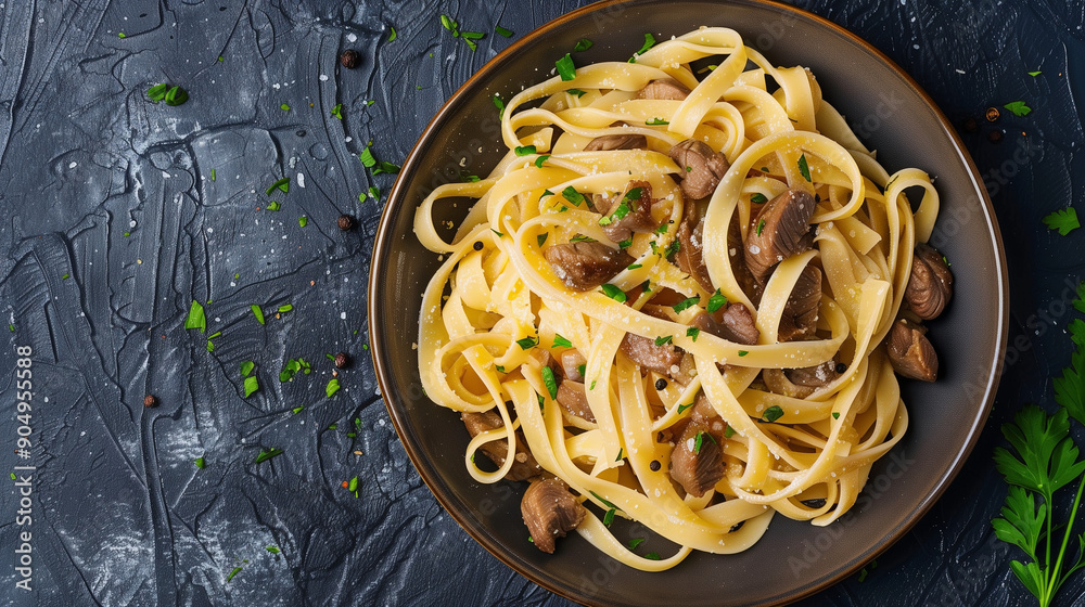 Delicious pasta linguine with fried chicken liver, top view gourmet Italian dish with fresh herbs and spices Delicious pasta linguine with fried chicken liver, top view gourmet Italian dish with fresh herbs and spices