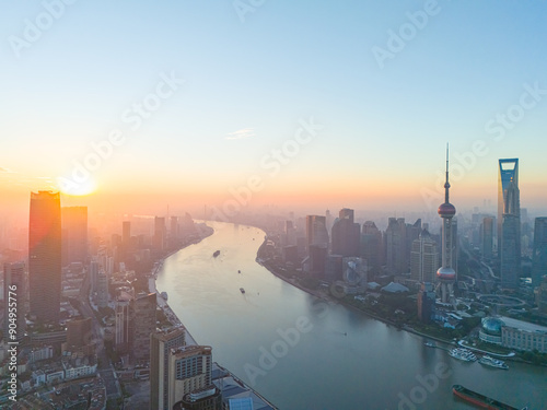 Canvas Print Aerial view of shanghai skyline and huangpu river at sunrise