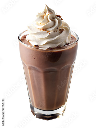 Chocolate smoothie with whipped cream in clear glass on isolated PNG background.