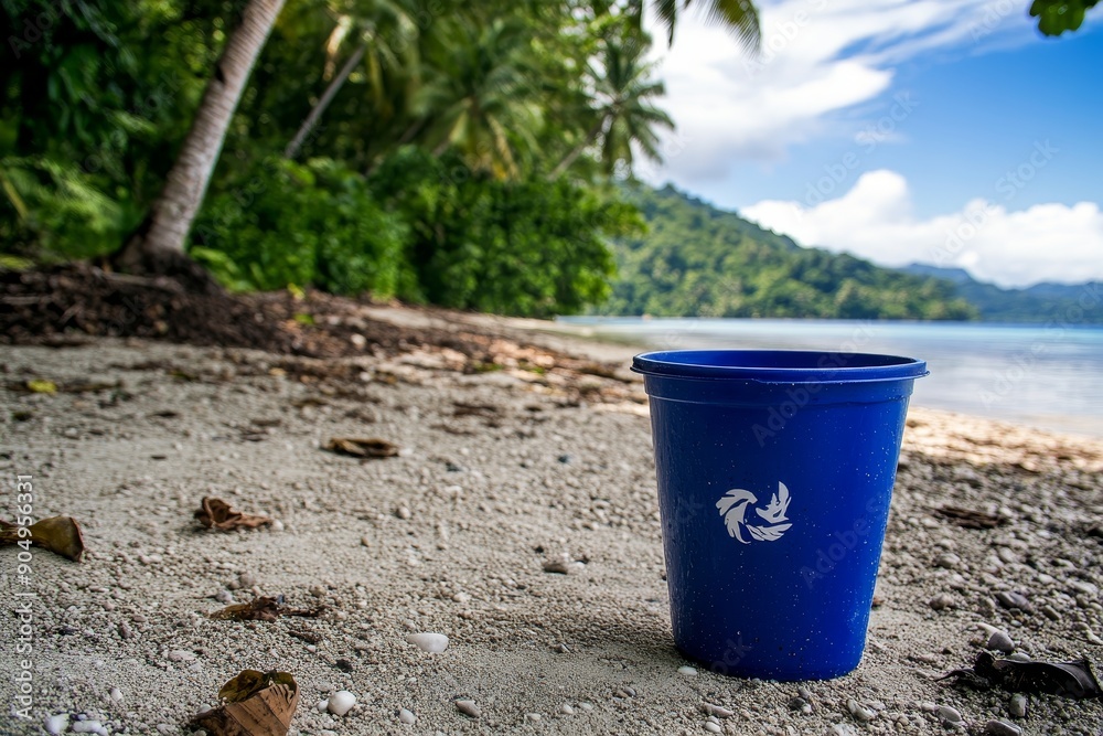 Blue Reusable Container on Sandy Beach Near Tropical Jungle and Clear Waters in Midday Sun Blue Reusable Container on Sandy Beach Near Tropical Jungle and Clear Waters in Midday Sun