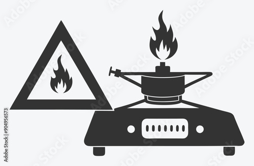 High-Quality Vector Illustration of Gas Burner with Piezo Ignition and Silhouette Signs