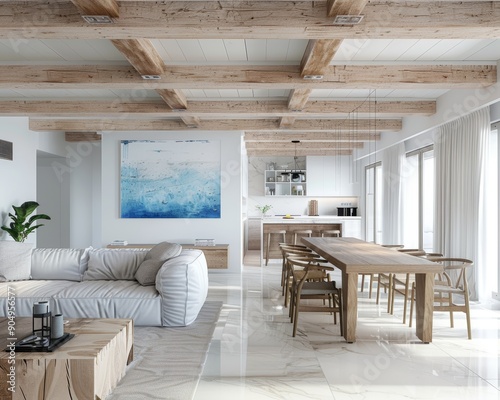 Contemporary wooden dining and living room in white and blue with japandi minimal design