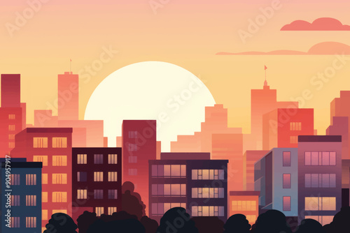 Sunset cityscape with modern buildings