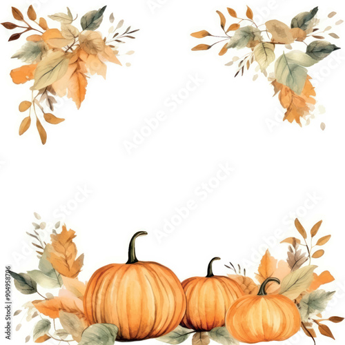 Autumn pumpkins watercolor floral frame