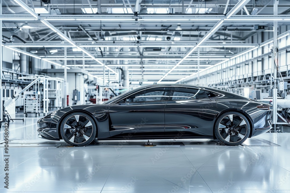 State of the art electric vehicle assembly in modern automotive plant with advanced technology State of the art electric vehicle assembly in modern automotive plant with advanced technology