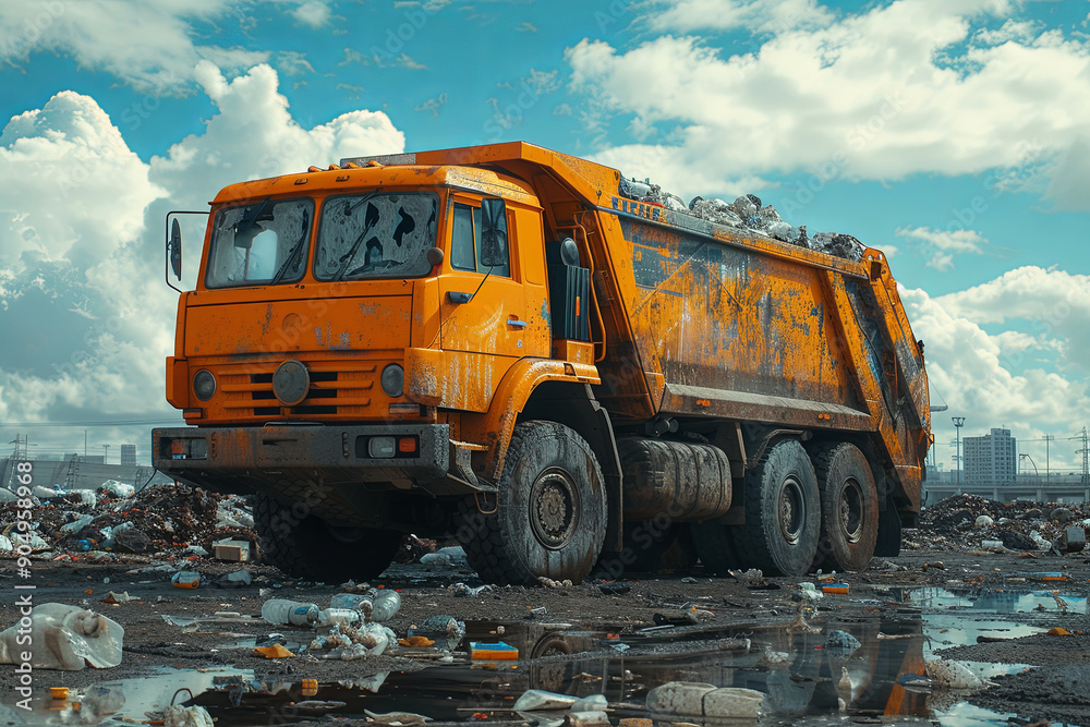 Yellow dump truck with a dumpster is standing in a pile of garbage. Concept of waste and environmental pollution Yellow dump truck with a dumpster is standing in a pile of garbage. Concept of waste and environmental pollution