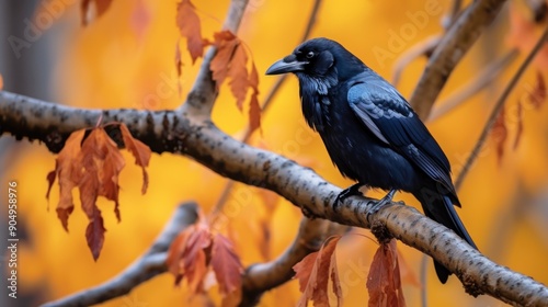 Raven Perched on a Branch with Autumnal Backdrop