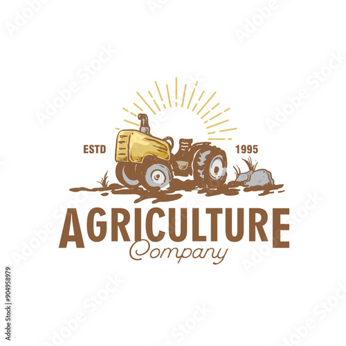 farmer tractor hand drawn vintage retro style logo vector graphic illustration