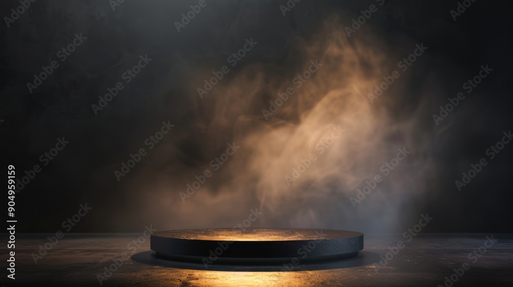 A dark circular product display with dramatic light beams and smoke, highlighting the showcase of a product A dark circular product display with dramatic light beams and smoke, highlighting the showcase of a product
