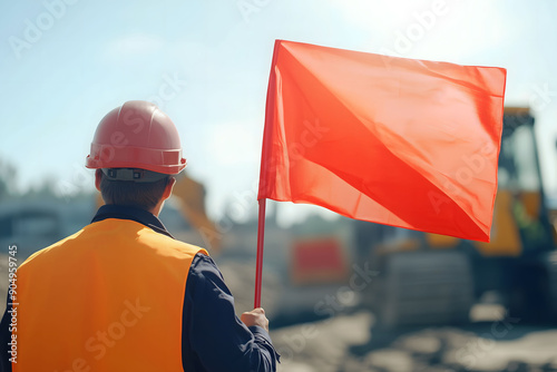 Engineer supervising road construction work Waving red flag signal, copy space