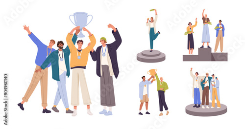 Champions are on award ceremony set. Winners with medals and gold cups standing on pedestals. People win trophies of completion. Business or sports victory. Flat isolated vector illustrations on white