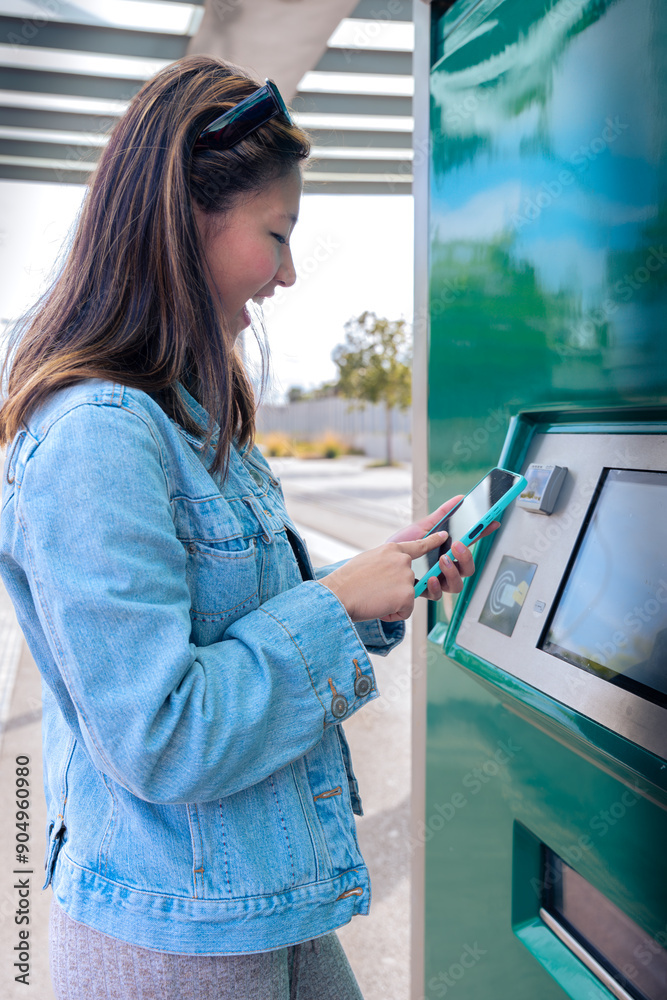 Young beautiful Chinese woman buying metro ticket with mobile phone at vending machine in Barcelona metro station Young beautiful Chinese woman buying metro ticket with mobile phone at vending machine in Barcelona metro station