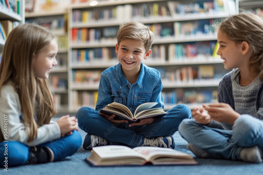 Three Children Engaged in Reading Together at a Library During Afternoon Hours Three Children Engaged in Reading Together at a Library During Afternoon Hours