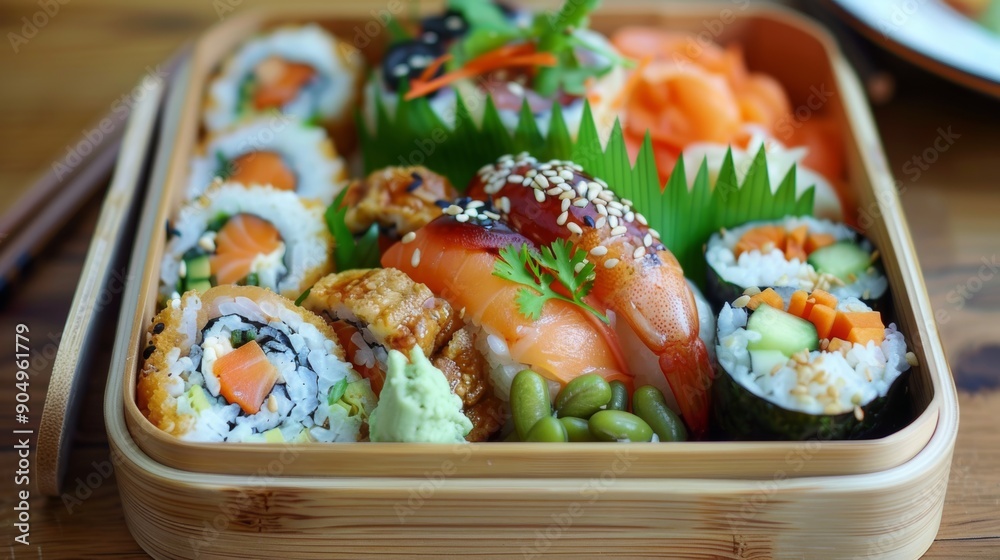 Sushi set in a wooden box. Japanese cuisine. Close-up. Sushi set in a wooden box. Japanese cuisine. Close-up.