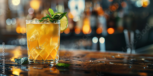 Golden Ginger Ale Beer Cocktail with Lime, Lemon and Mint in glaass on wooden table, with blurred bar background, copy space photo