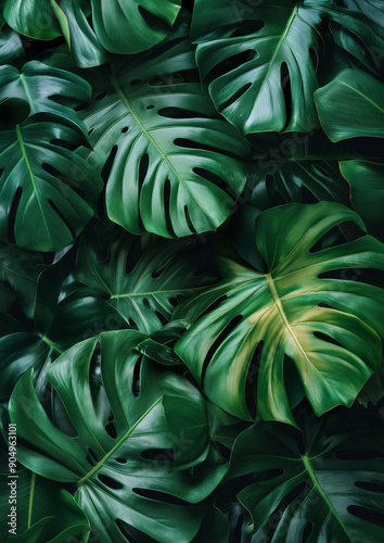 green monstera leaf as a wallpaper for plants as a background