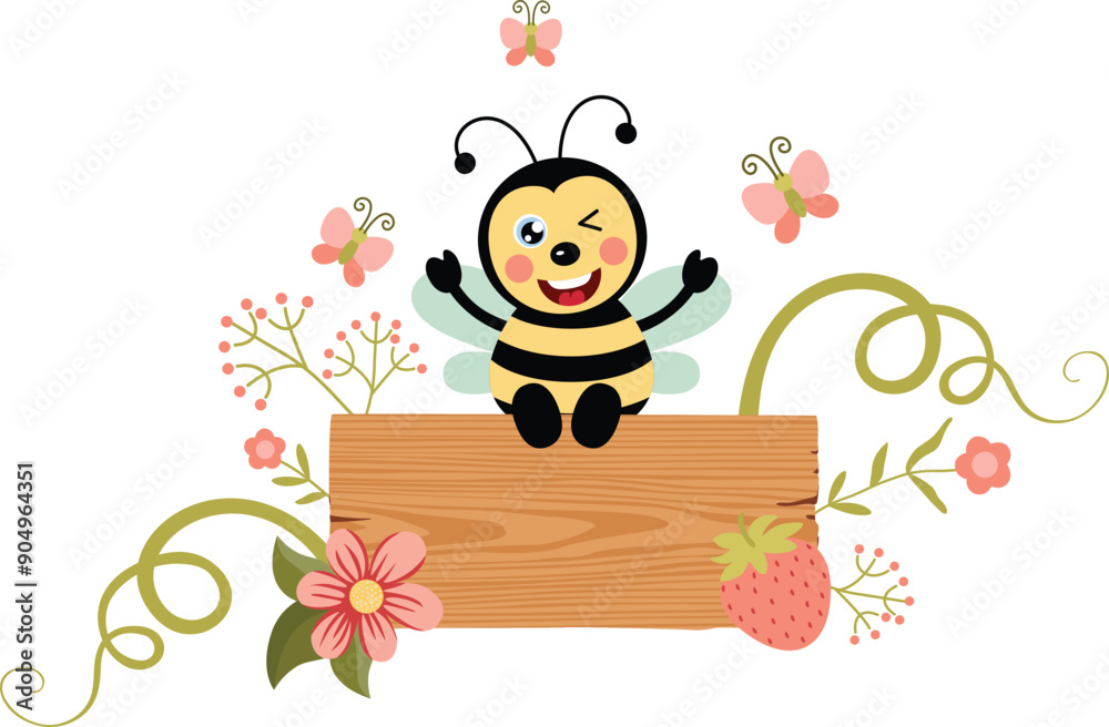 Fototapeta premium Cute bee sitting on a spring wooden signboard