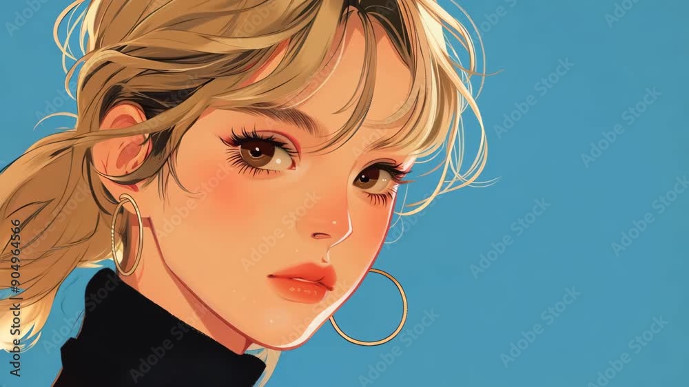Beautiful anime girl with large hoop earrings, digital illustration Beautiful anime girl with large hoop earrings, digital illustration