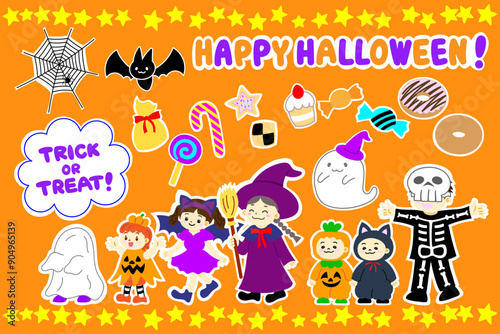 ハロウィンにお菓子をもらいに行く子どもたちのイラスト