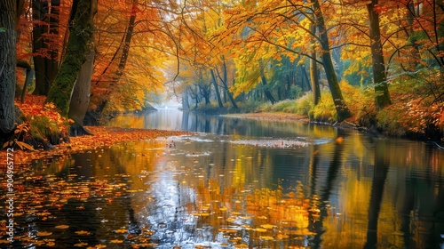 The image shows a river flowing through a forest during the autumn season. The water is calm and reflects the colorful leaves of the trees. Fallen leaves float on the surface of the water, adding to t
