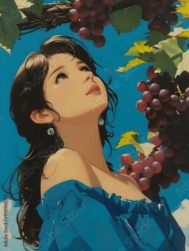 A woman with long black hair, looking up at the grape trellis photo