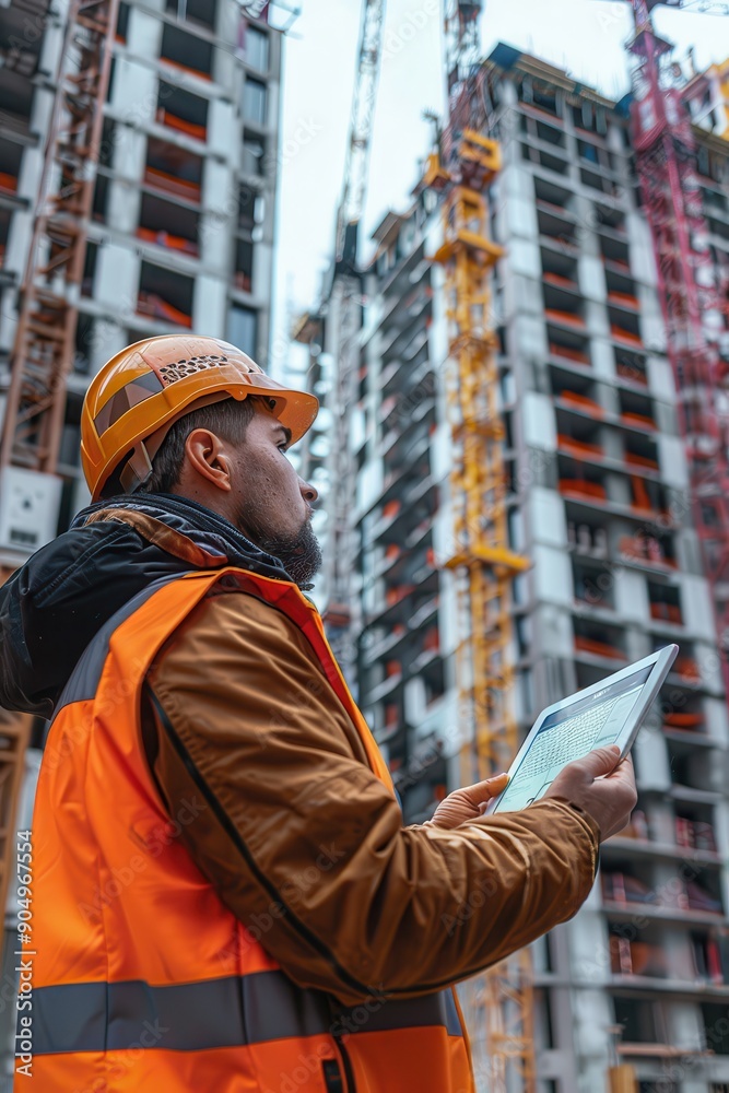 Construction Worker with Tablet Inspecting High-Rise Building Site with Cranes in Background