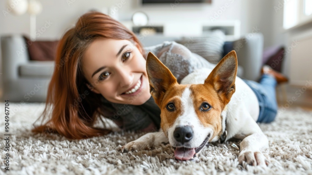 Charming caucasian woman with basenji while lying on floor covered with carpet in open-plan kitchen. Charming caucasian woman with basenji while lying on floor covered with carpet in open-plan kitchen.