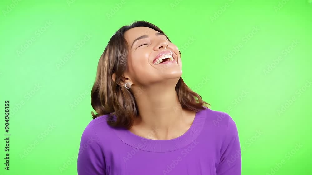 Smiling Woman in Purple Top on green screen background with Ai generated.
