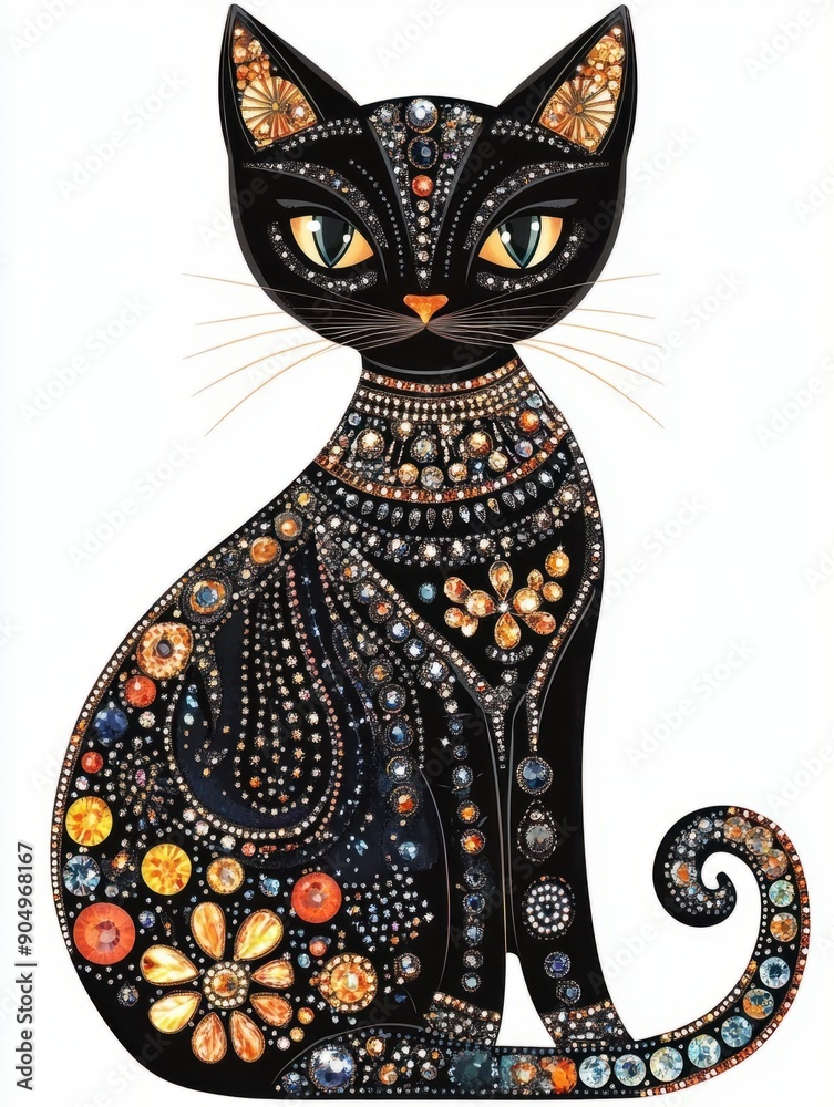 Fototapeta Black cat illustration with colorful gemstones, perfect for textile print ideas.