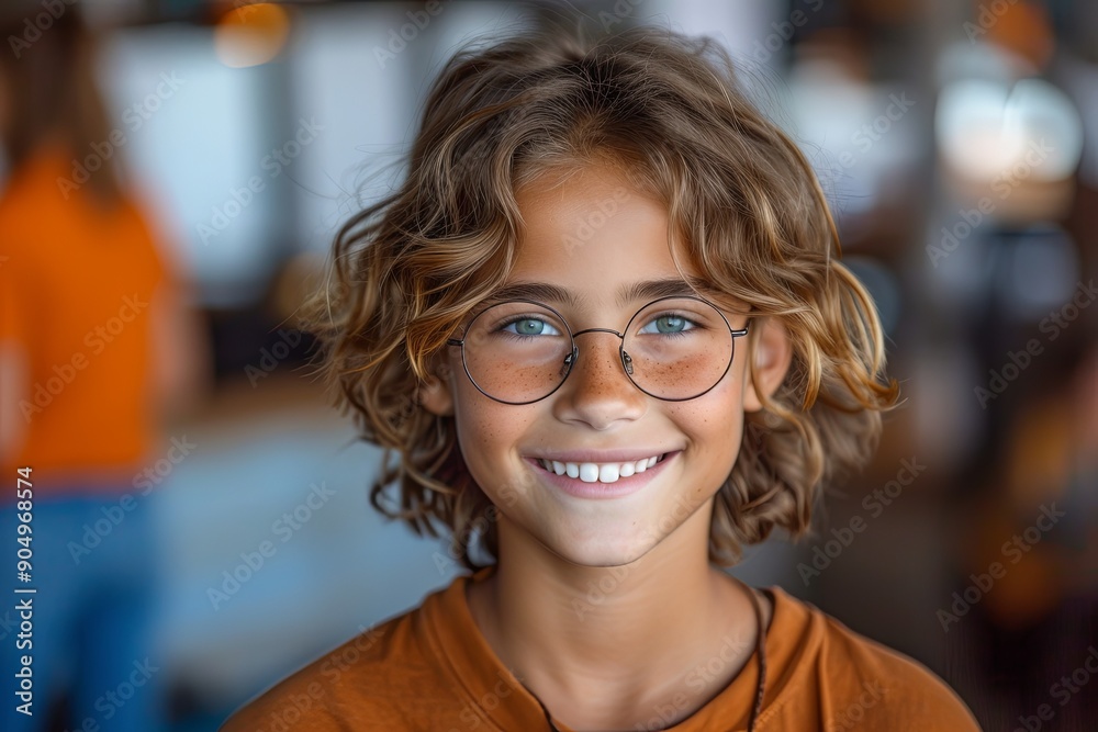 Smiling boy with glasses wearing an orange shirt Smiling boy with glasses wearing an orange shirt