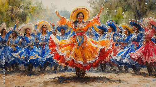 Parade traditional Hispanic dancers musicians vibrant floats watercolor celebrating heritage photo