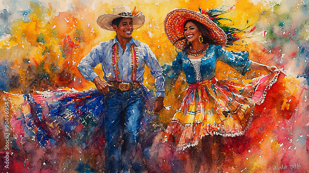 Fototapeta premium Hispanic Heritage parade traditional dancers musicians vibrant floats watercolor