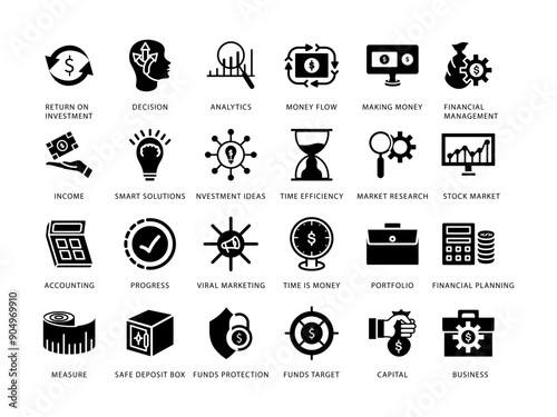 ANALYTICS and investment icon set black fill color