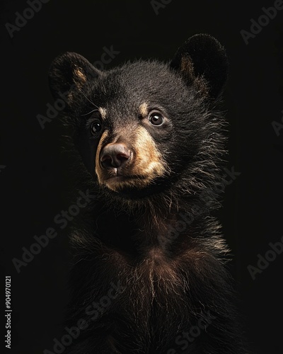 Portrait of a black bear in the studio on a black background