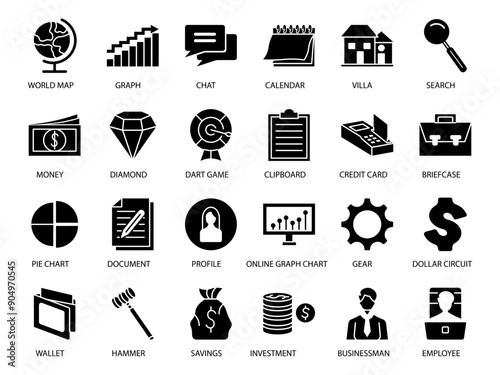 24 BUSINESS AND FINANCE icon SET FILL BLACK COLOR