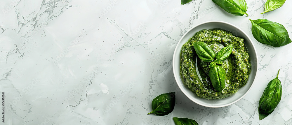 Obraz premium Pesto in bowl on light marble table , with empty copy Space 