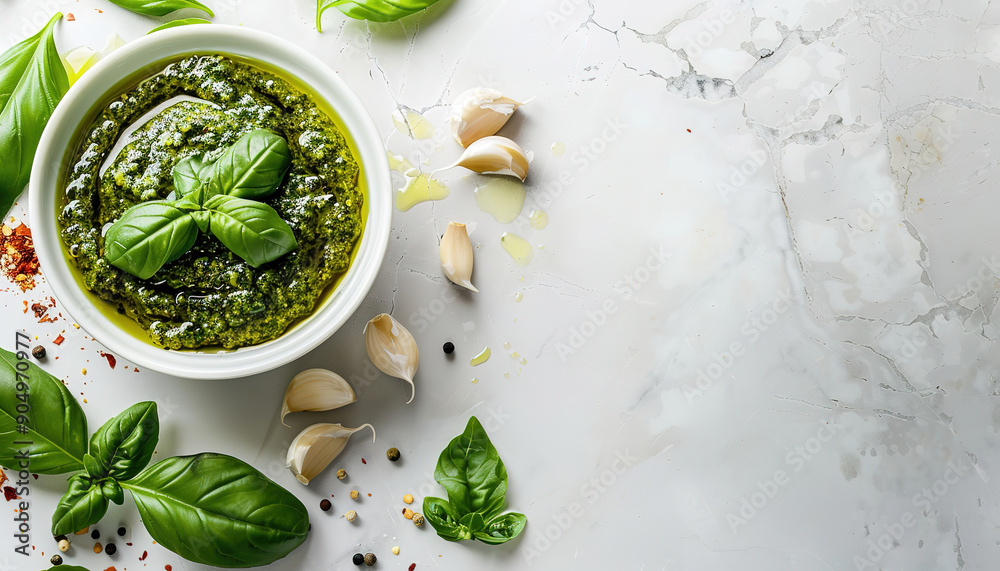 Pesto in bowl on light marble table , with empty copy Space Pesto in bowl on light marble table , with empty copy Space