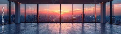 Modern Empty Office Space with Panoramic City View at Sunset Through Floor-to-Ceiling Windows