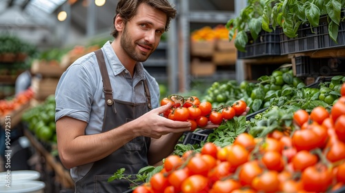 A worker carefully collects ripe red tomatoes into a black crate in a sunlit greenhouse, showcasing the harvest of fresh produce.