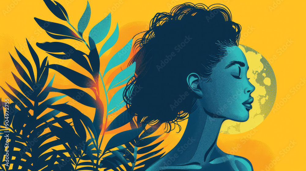 Illustration of a serene woman surrounded by tropical leaves, enjoying the peacefulness of a night illuminated by a full moon Illustration of a serene woman surrounded by tropical leaves, enjoying the peacefulness of a night illuminated by a full moon